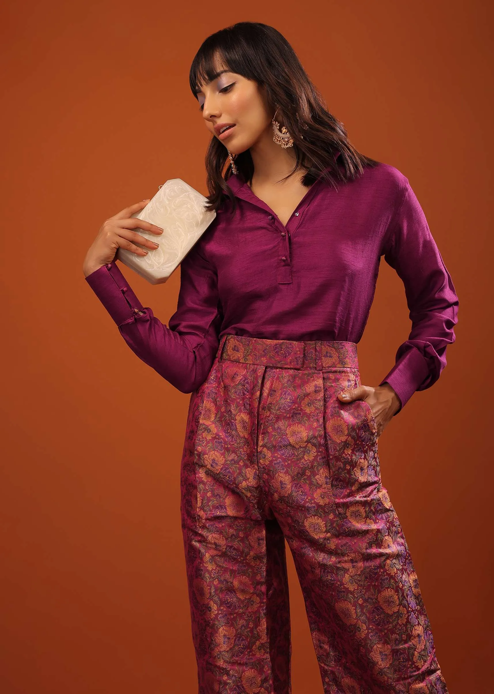 Burgundy Purple Tussar Top And Banarasi Brocade Straight Cut Pants Set With Woven Floral Motifs