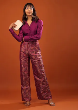 Burgundy Purple Tussar Top And Banarasi Brocade Straight Cut Pants Set With Woven Floral Motifs