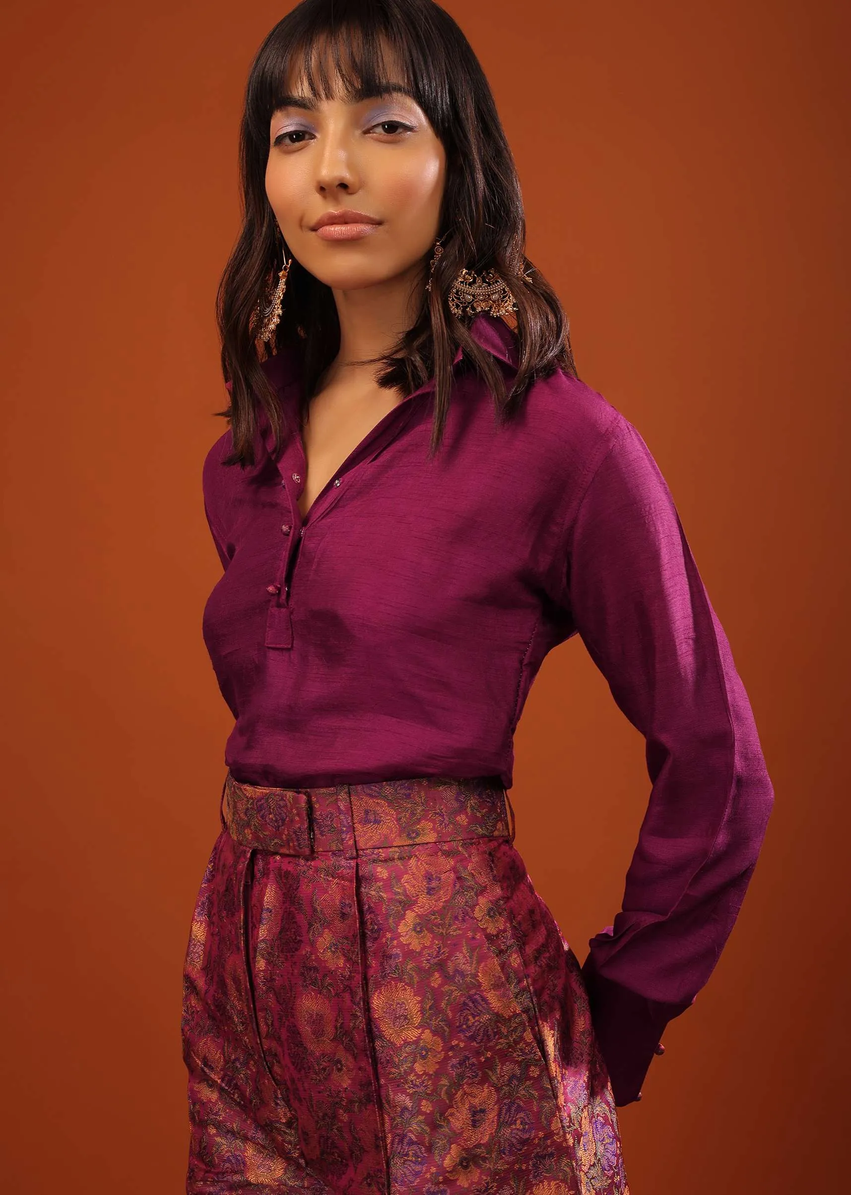 Burgundy Purple Tussar Top And Banarasi Brocade Straight Cut Pants Set With Woven Floral Motifs