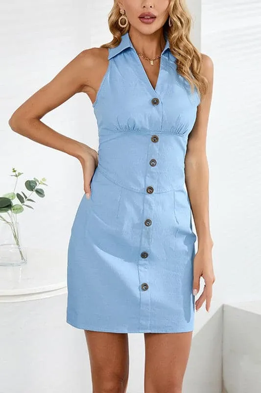 BZ665 V Neck Sleeveless Denim Dress