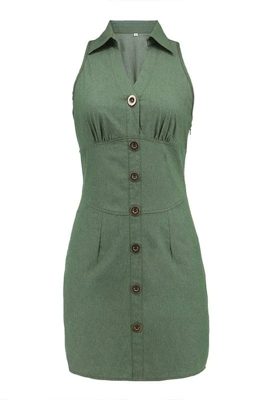 BZ665 V Neck Sleeveless Denim Dress
