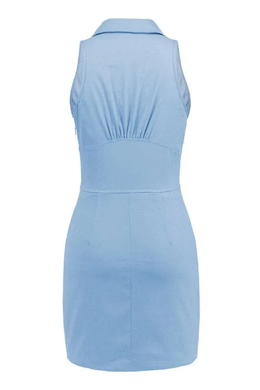 BZ665 V Neck Sleeveless Denim Dress
