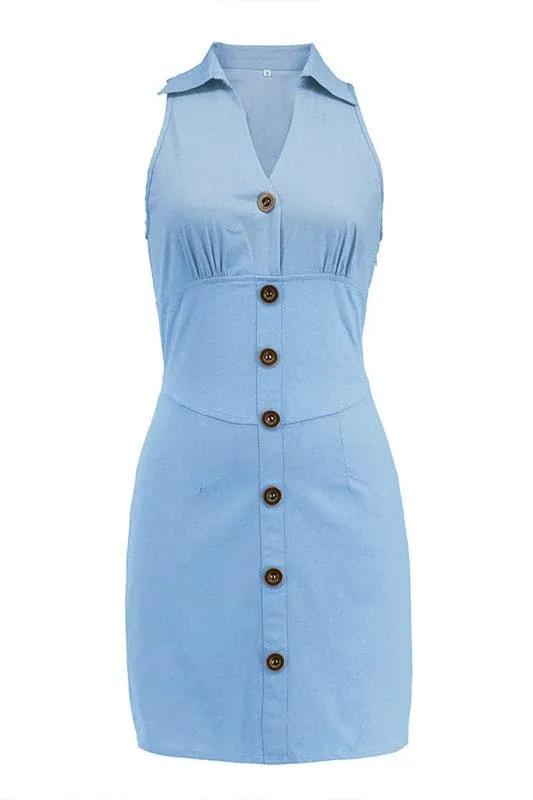 BZ665 V Neck Sleeveless Denim Dress