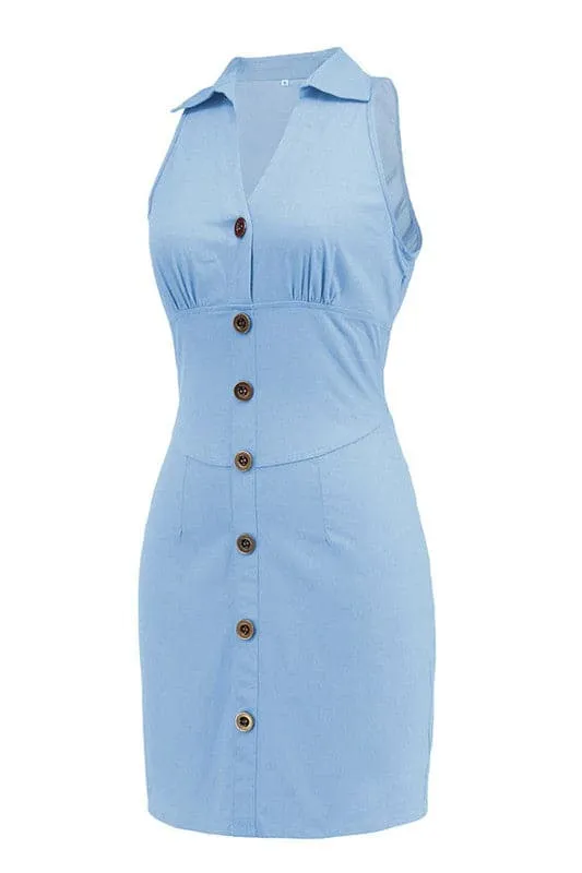 BZ665 V Neck Sleeveless Denim Dress