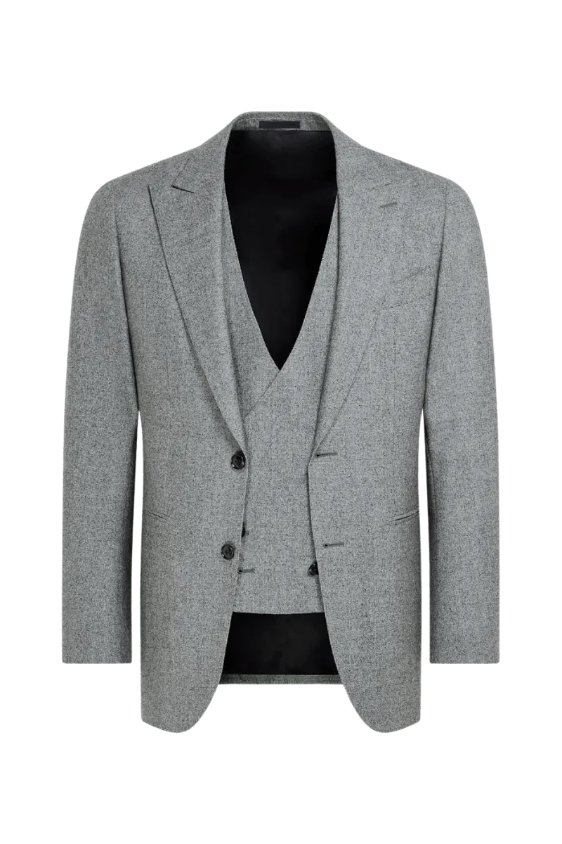 Grey Wool Single Breasted Peak Lapel 3-Piece Suit
