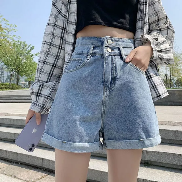 Korean Fashion Strap High-waisted Denim Shorts