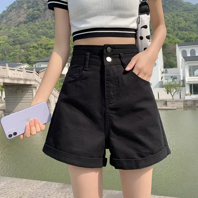 Korean Fashion Strap High-waisted Denim Shorts