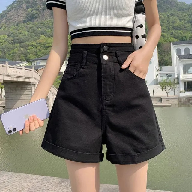 Korean Fashion Strap High-waisted Denim Shorts