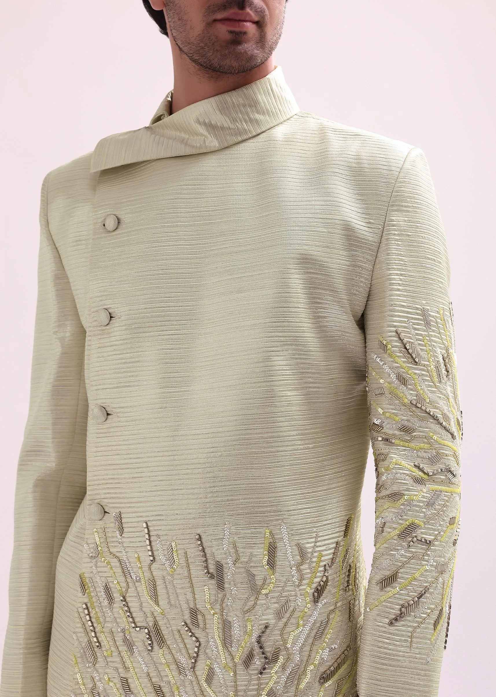 Lime Stylized Collar Pre Pleated Bandhgala With Pants