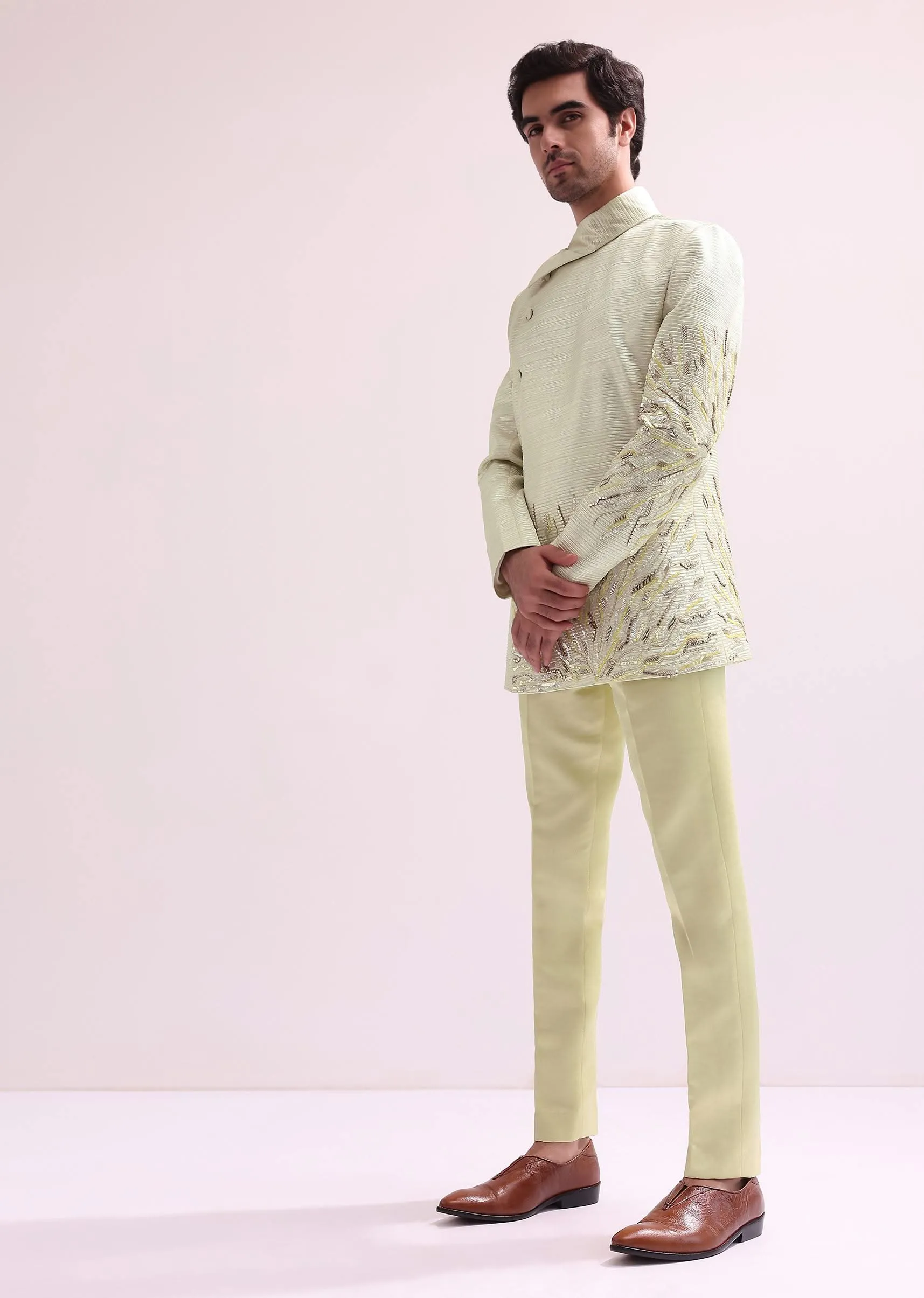 Lime Stylized Collar Pre Pleated Bandhgala With Pants
