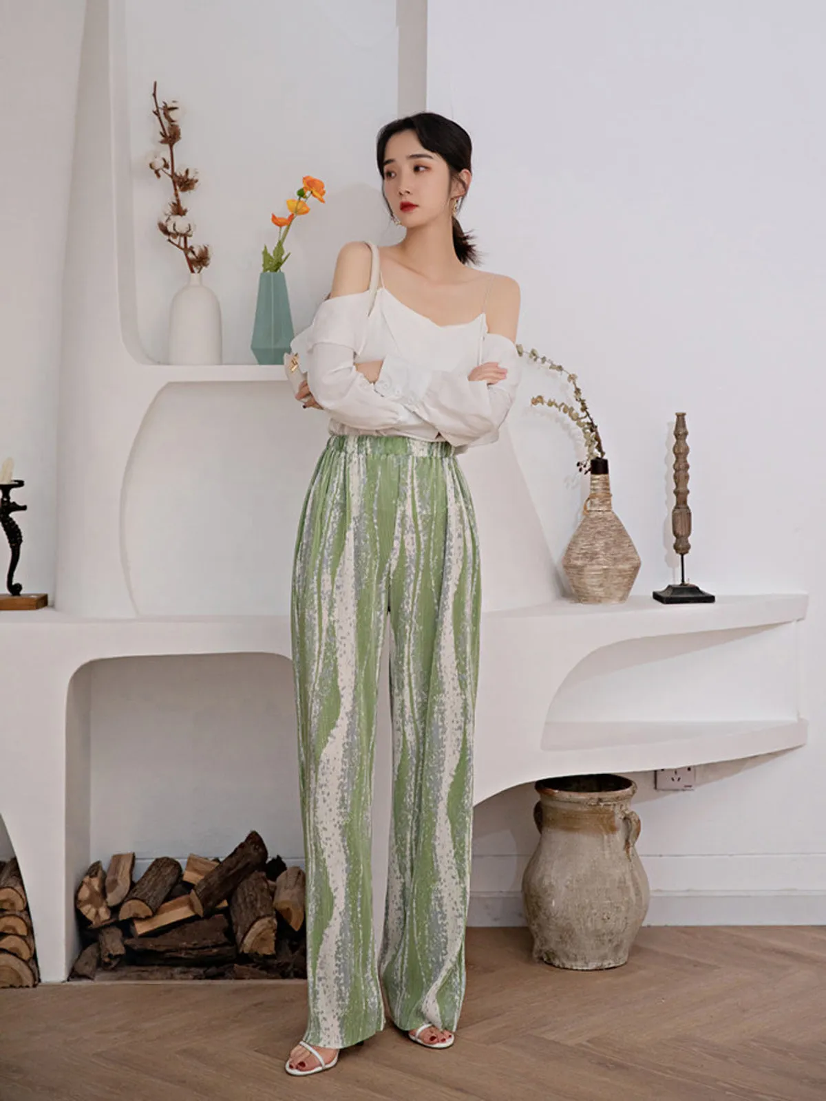 Pleated Wide Leg Pants - Green
