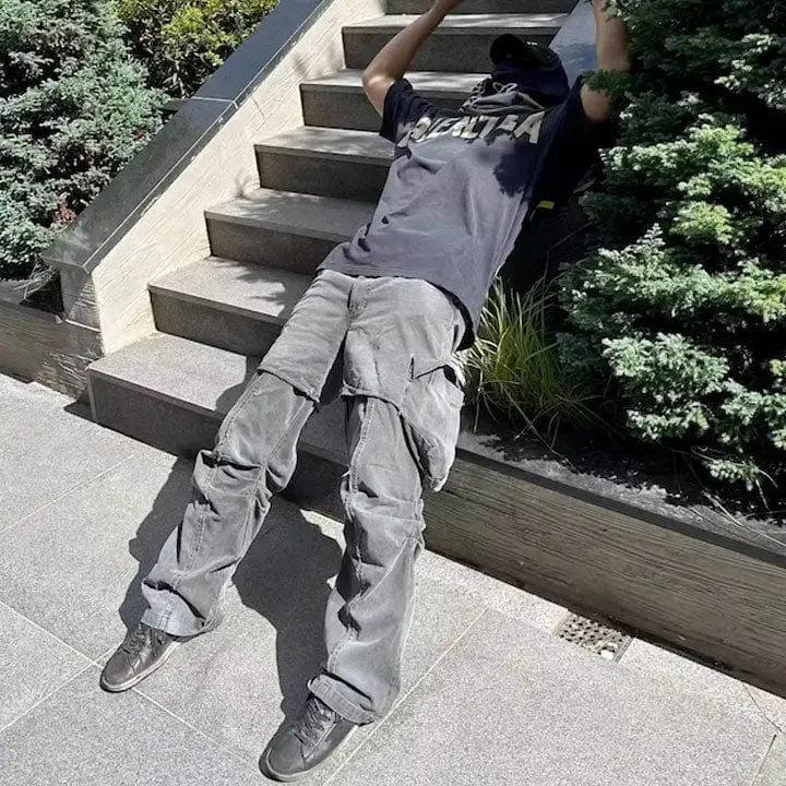 Sneakerhill® Street Style Washed Layer Pleated Cargo Pants