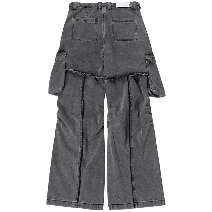 Sneakerhill® Street Style Washed Layer Pleated Cargo Pants